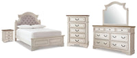 Realyn Full Upholstered Panel Bed, Dresser, Mirror, Chest and Nightstand