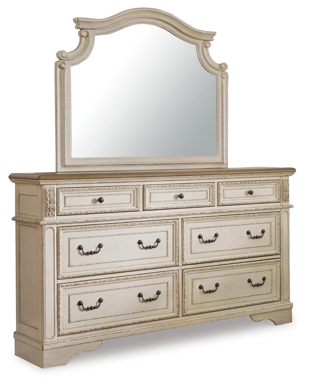 Realyn Full Upholstered Panel Bed, Dresser, Mirror, Chest and Nightstand