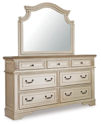 Realyn Queen Upholstery Panel Bed, Dresser, Mirror and Nightstand