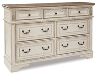 Realyn Queen Upholstery Panel Bed, Dresser, Chest, Nightstand, and Vanity Set