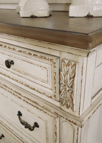 Realyn Queen Upholstery Panel Bed, Dresser, Chest, Nightstand, and Vanity Set
