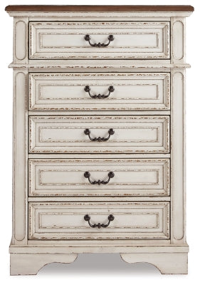 Realyn Queen Upholstered Panel Bed, Dresser, Mirror, Chest and Nightstand
