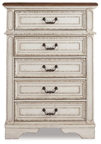 Realyn Queen Upholstered Panel Bed, Dresser, Mirror, Chest and Nightstand