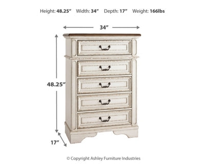 Realyn Queen Upholstered Panel Bed, Dresser, Mirror, Chest and Nightstand