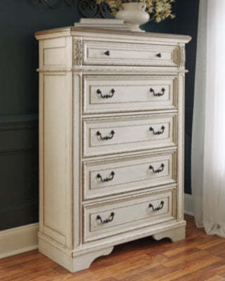 Realyn Queen Upholstery Panel Bed, Dresser, Chest, Nightstand, and Vanity Set