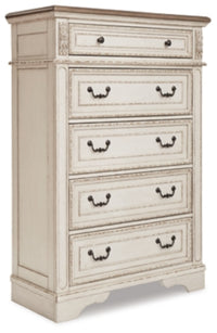 Realyn Queen Upholstery Panel Bed, Dresser, Chest, Nightstand, and Vanity Set