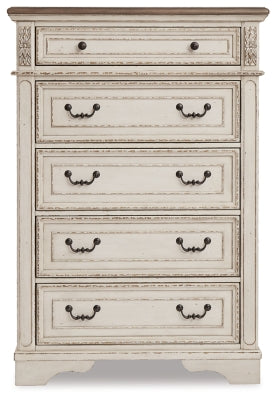 Realyn King Panel Upholstered Bed, Dresser, Mirror and Chest