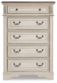 Realyn Queen Upholstery Panel Bed, Dresser, Chest, Nightstand, and Vanity Set