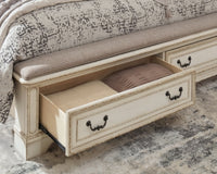 Realyn Queen Upholstery Panel Bed, Dresser, Chest, Nightstand, and Vanity Set