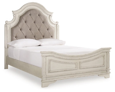 Realyn Queen Upholstered Panel Bed, Dresser, Mirror, Chest and Nightstand