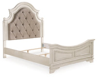 Realyn Queen Upholstered Panel Bed, Dresser, Mirror, Chest and Nightstand