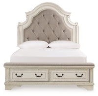 Realyn Queen Upholstery Panel Bed, Dresser, Chest, Nightstand, and Vanity Set