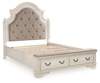 Realyn Queen Upholstery Panel Bed, Dresser, Chest, Nightstand, and Vanity Set