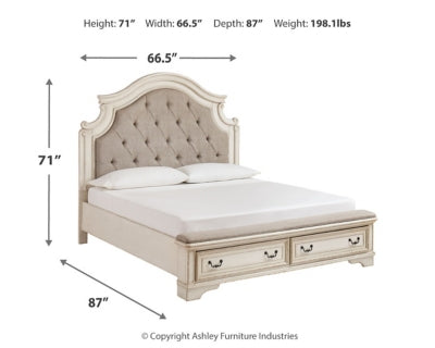 Realyn Queen Upholstery Panel Bed, Dresser, Chest, Nightstand, and Vanity Set
