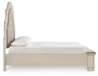 Realyn Queen Upholstery Panel Bed, Dresser, Chest, Nightstand, and Vanity Set