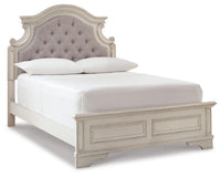 Realyn Full Upholstered Panel Bed, Dresser, Mirror, Chest and Nightstand