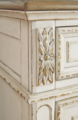 Realyn Queen Upholstered Panel Bed, Dresser, Mirror, Chest and Nightstand
