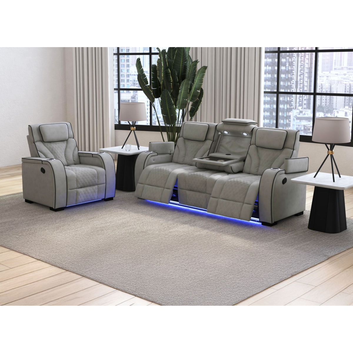 Blitz Motion Recliner with LED in Simba Taupe and Black Welt