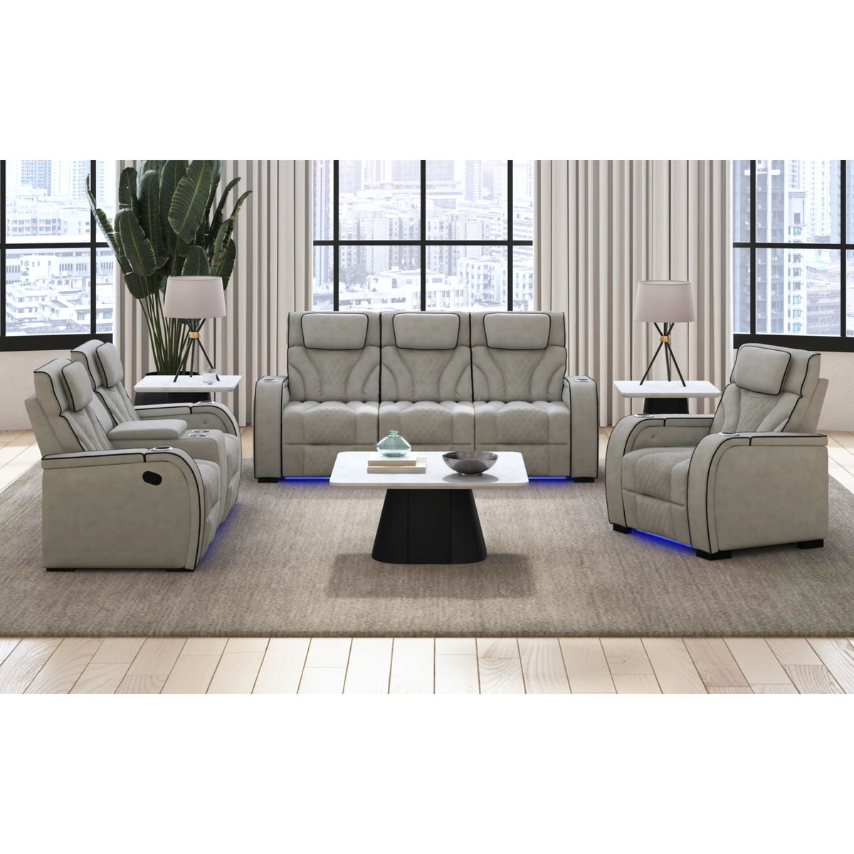 Blitz Motion Recliner with LED in Simba Taupe and Black Welt