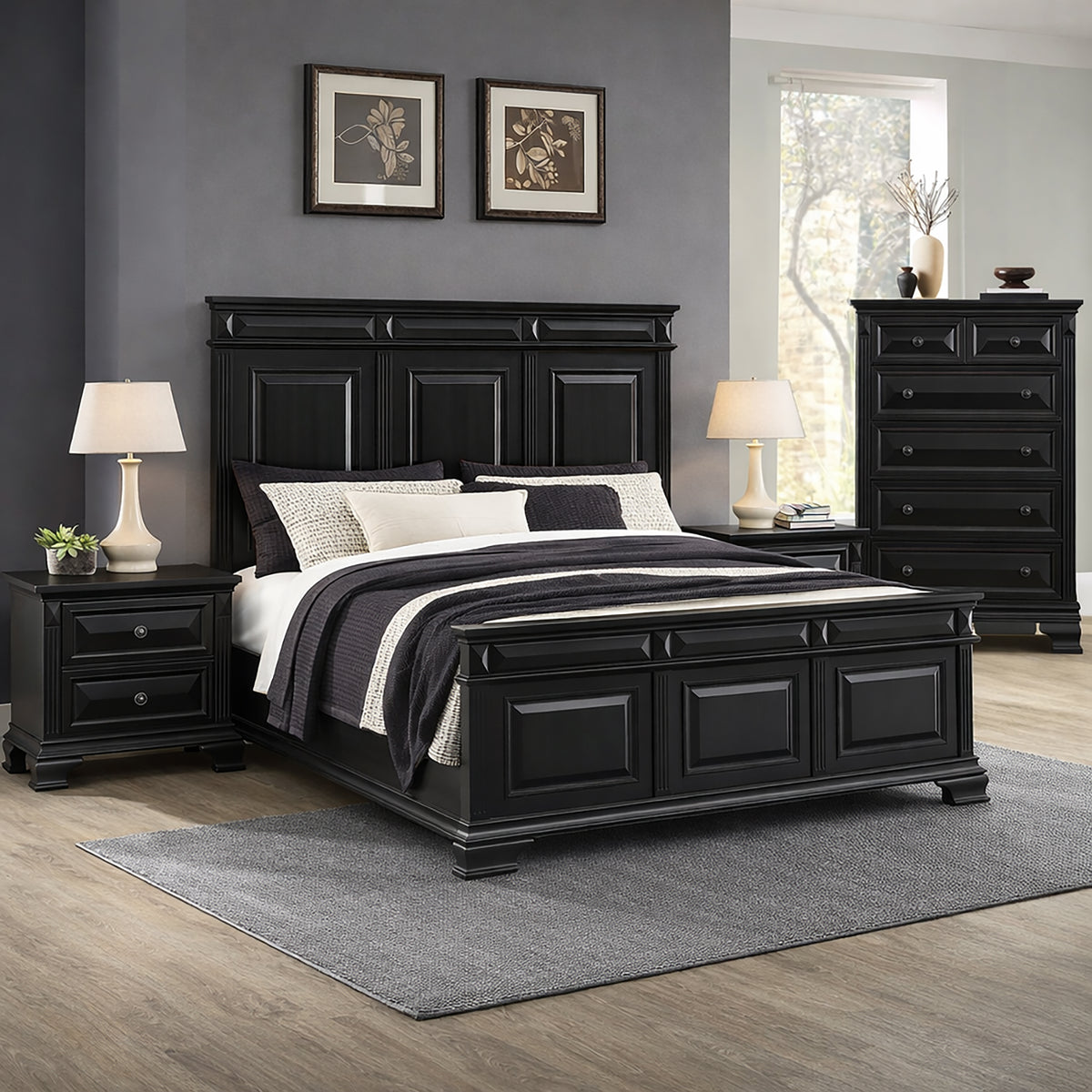 Bridgestone Queen 4PC Bedroom Set with 2 Nightstands & Chest in Black