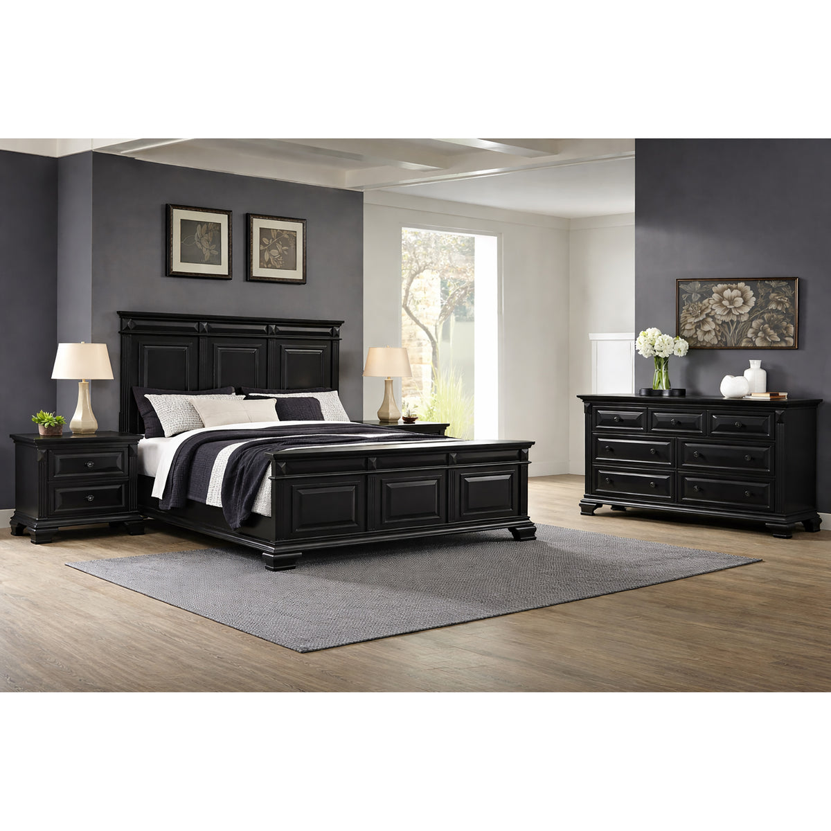 Bridgestone Queen 4PC Bedroom Set with 2 Nightstands & Dresser in Black