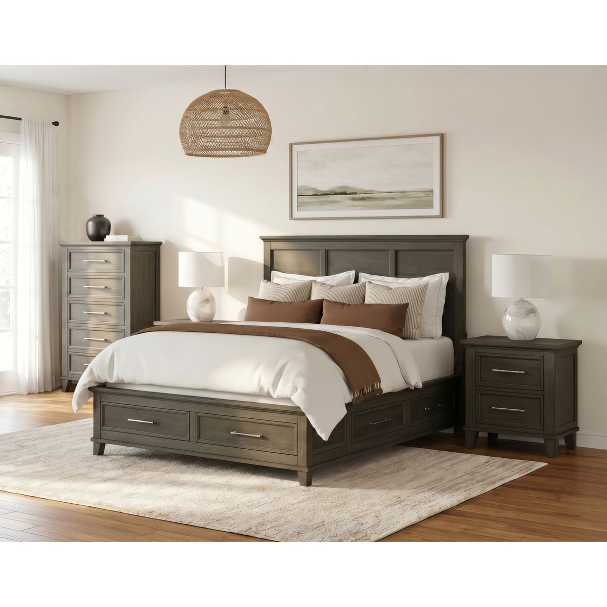 Canterbury Queen Storage 4PC Bedroom Set with 2 Nightstands & Chest in Grey