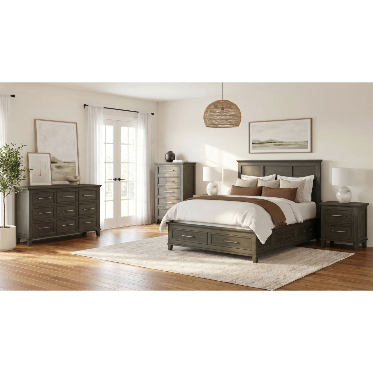 Canterbury Queen Storage 5PC Bedroom Set with 2 Nightstands, Dresser & Chest in Grey
