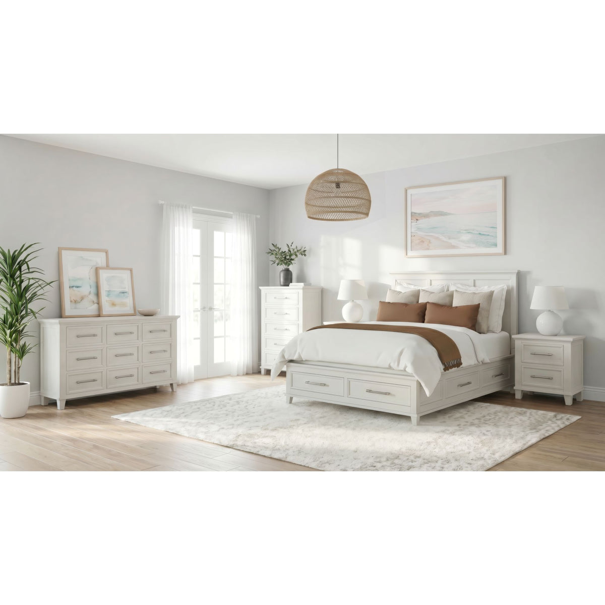 Canterbury King Storage 5PC Bedroom Set with 2 Nightstands, Dresser & Chest in Ivory