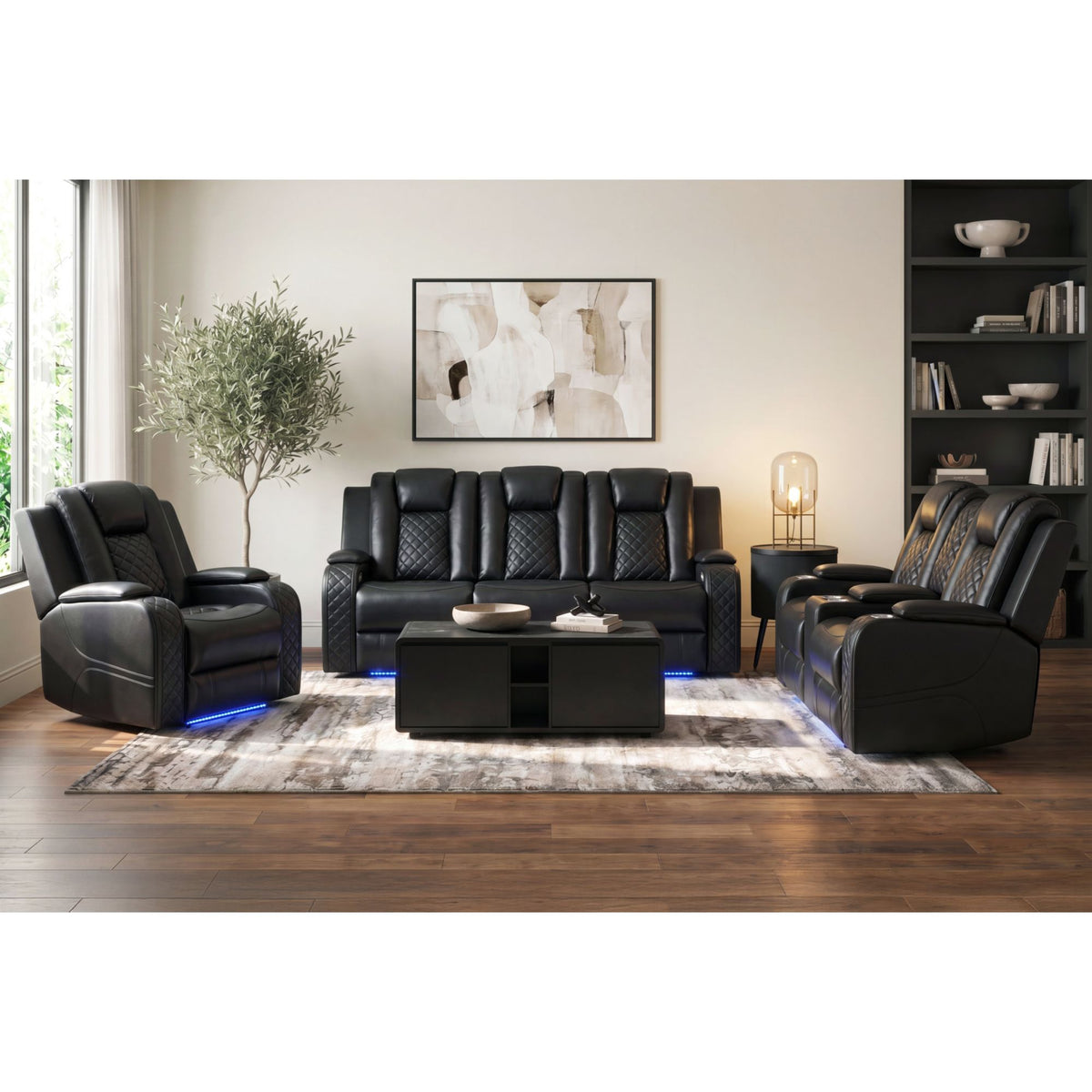 Carlo Power Motion Sofa with Power Headrest, Dropdown Table, Power strip, led and reading light in Pebble Black