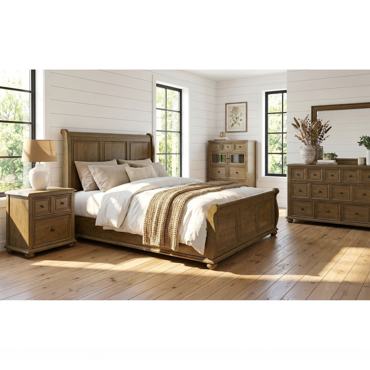 Heritage & Home King Sleigh 5PC Bedroom Set in Oak Brown