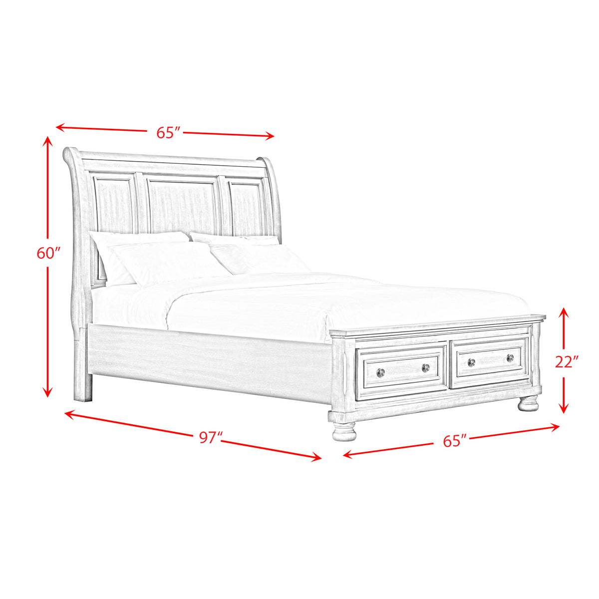 Kingston Queen Bed W/Storage Footboard and Non-Storage Rails