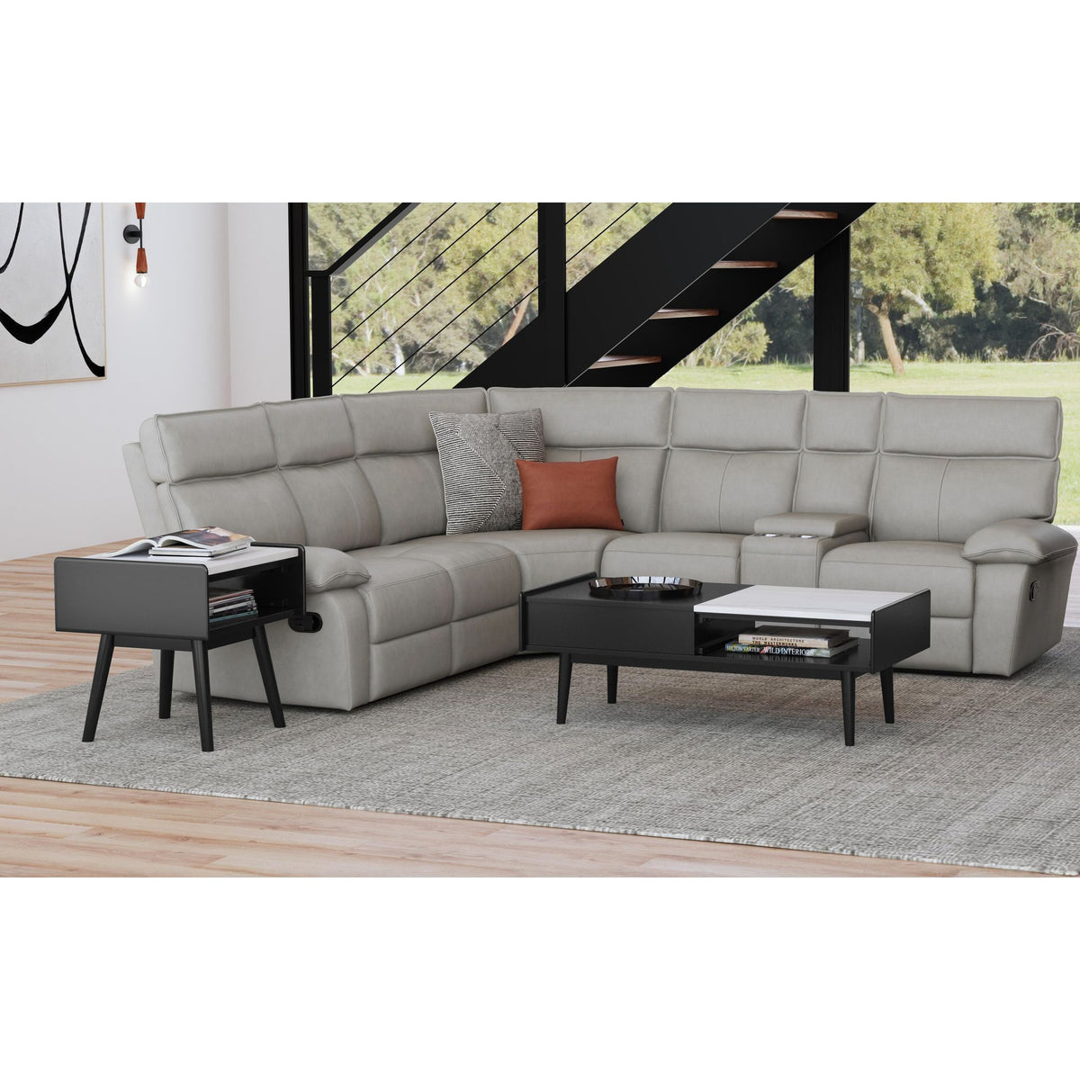 Lanette Coffee Table with White Marble and Lift-Top in Black