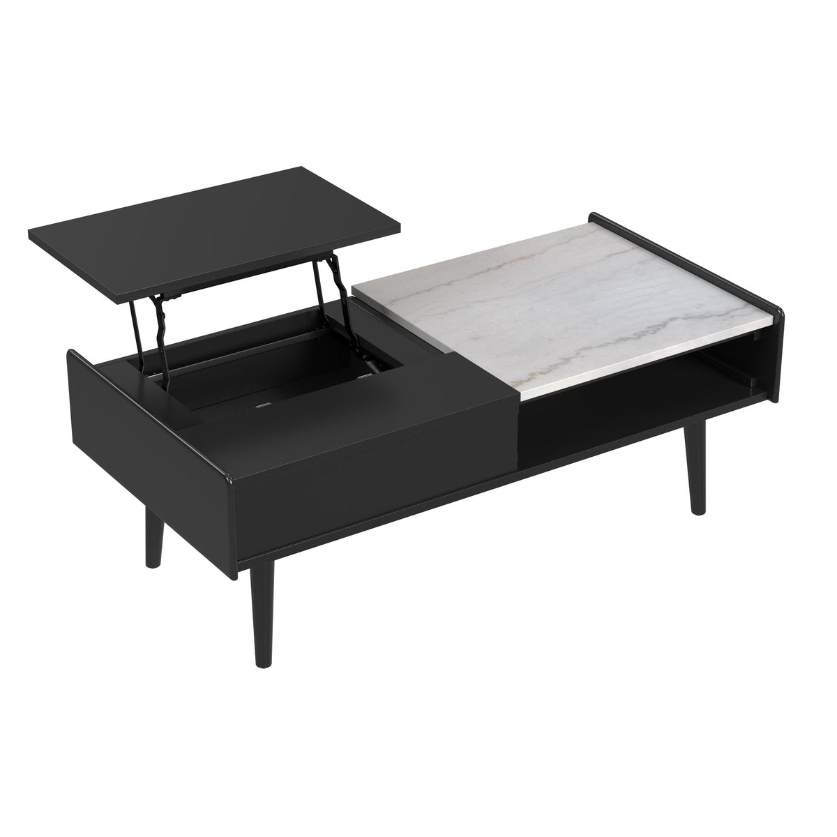 Lanette Coffee Table with White Marble and Lift-Top in Black