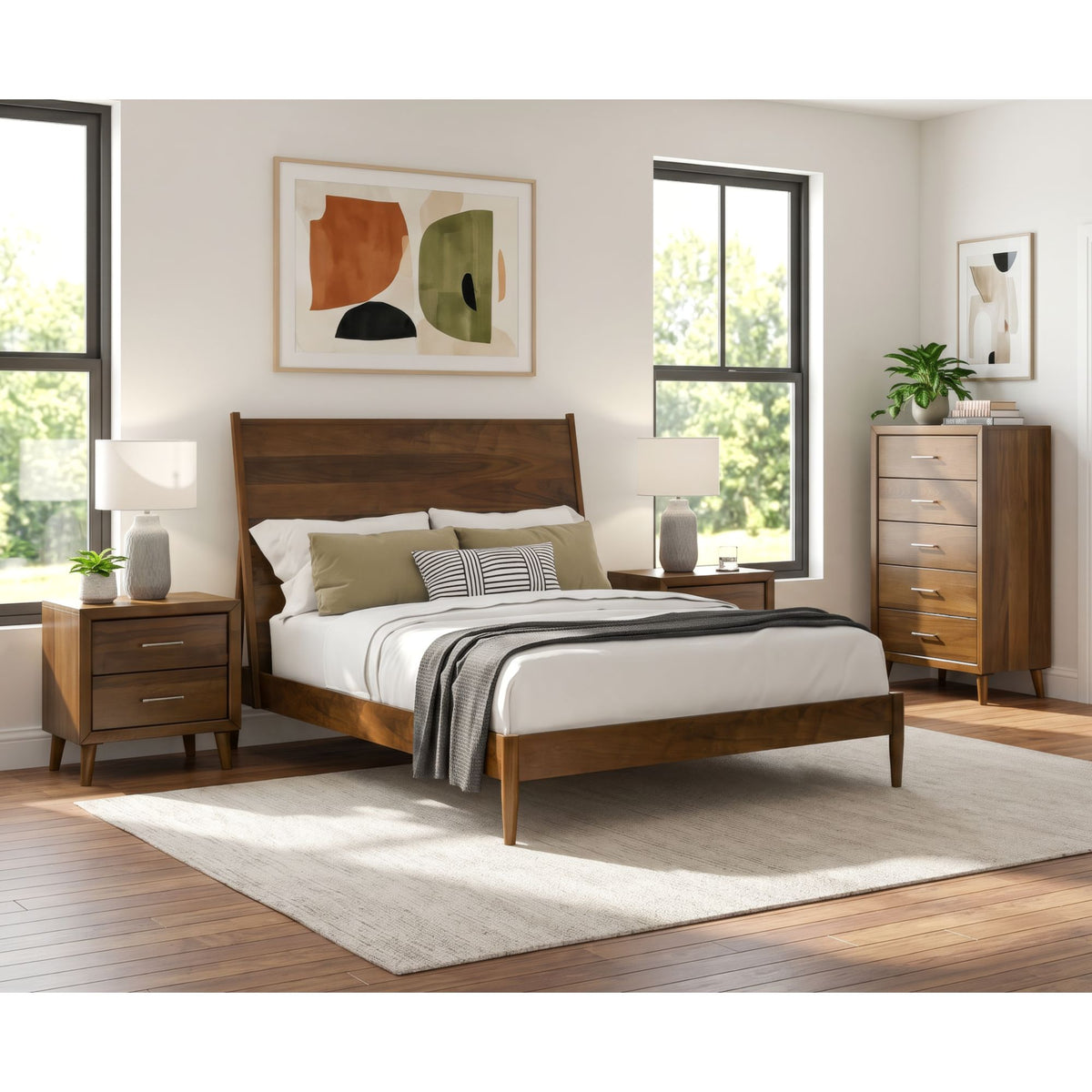 Malibu Queen 4PC Bedroom Set with 2 Nightstands & Chest in Walnut