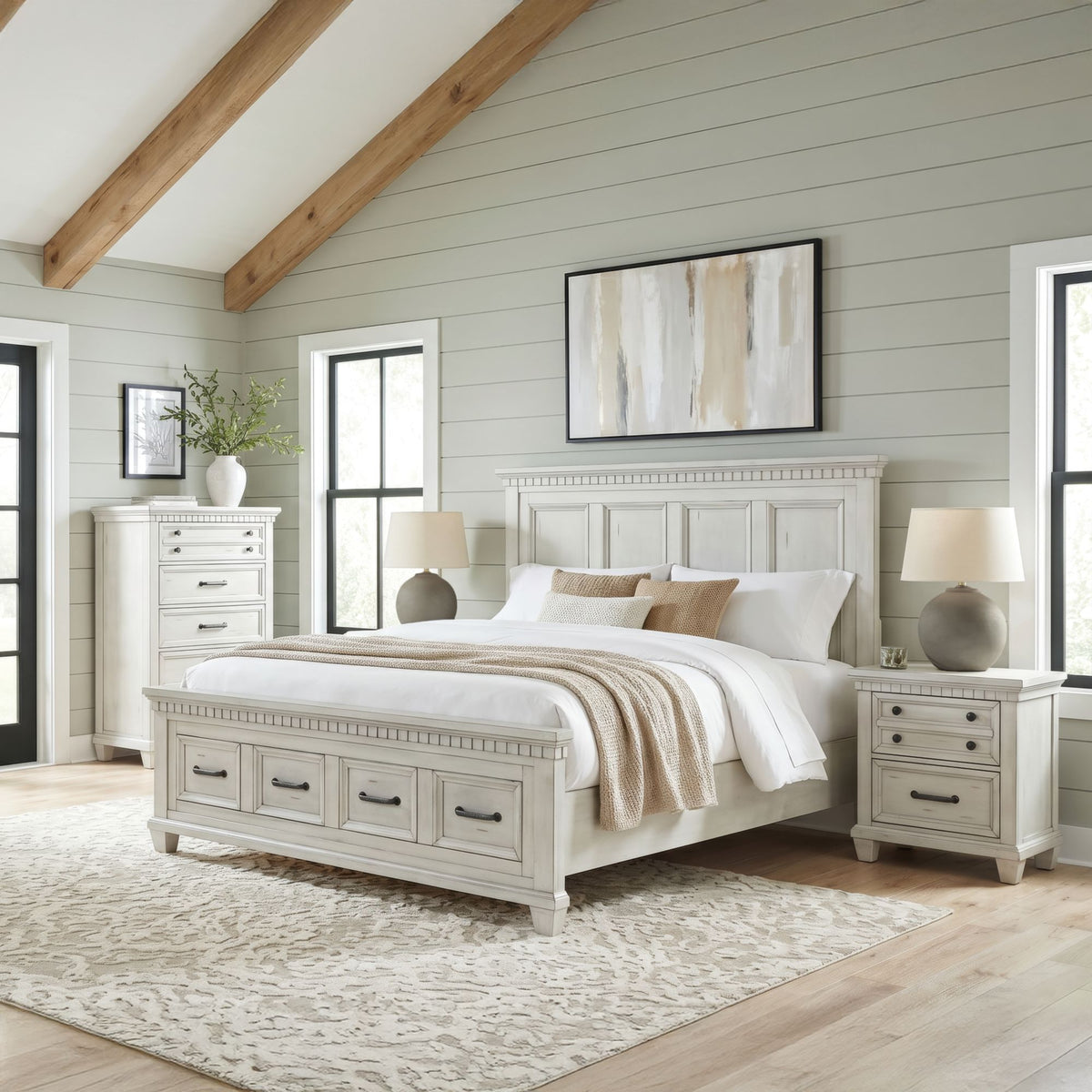 McCoy King Storage 4PC Bedroom Set with 2 Nightstands & Chest in Antique White