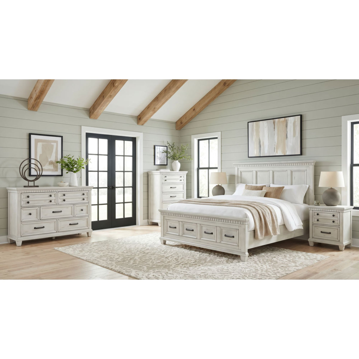 McCoy King Storage 5PC Bedroom Set with 2 Nightstands, Dresser & Chest in Antique White