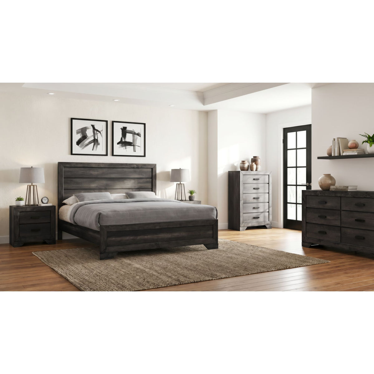 McCoy Queen Storage 5PC Bedroom Set with 2 Nightstands, Dresser & Chest in Charcoal
