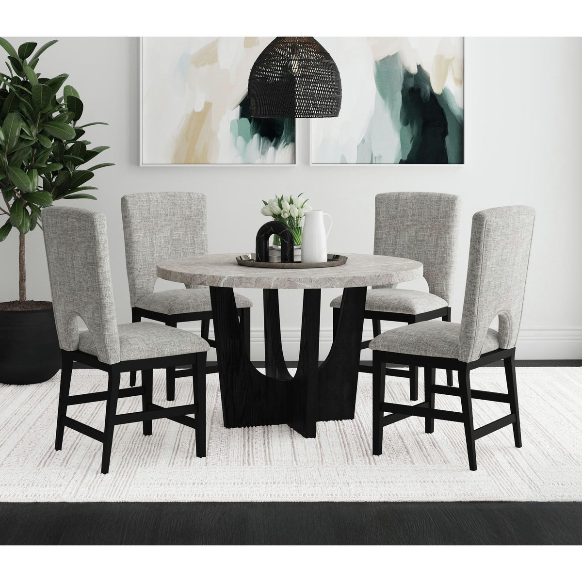 Oregon Round Counter Table with Grey Faux Marble Top in Black