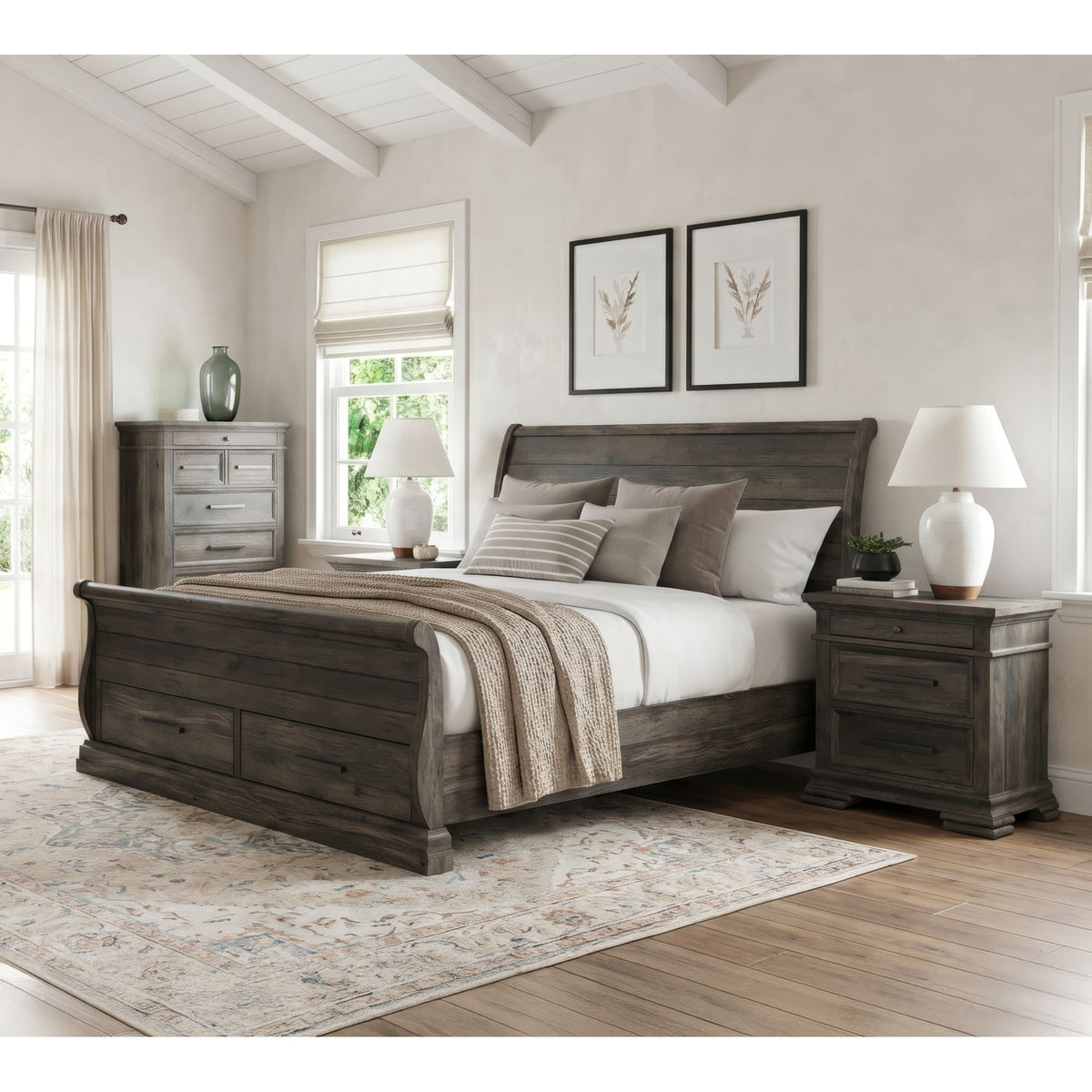 Park Ridge King Sleigh Storage 4PC Bedroom Set with 2 Nightstands & Chest in Charcoal