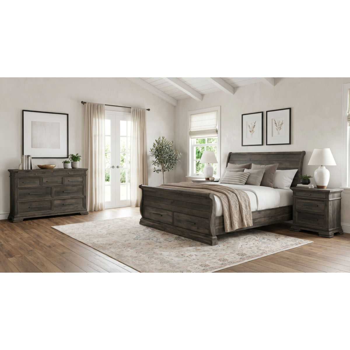 Park Ridge Queen Sleigh Storage 4PC Bedroom Set with 2 Nightstands & Dresser in Charcoal