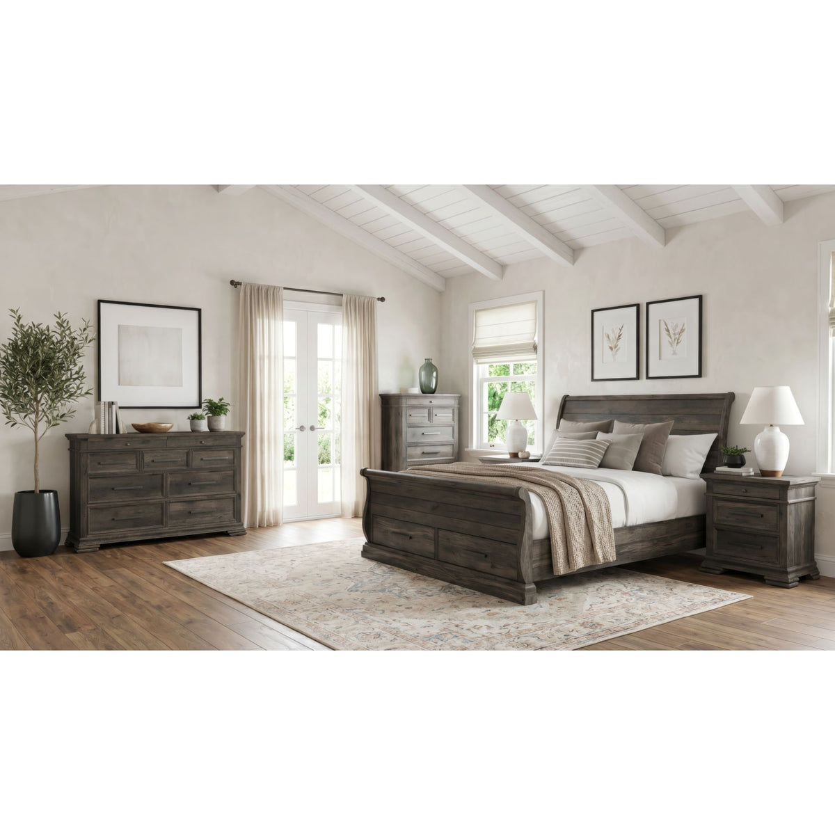 Park Ridge King Sleigh Storage 5PC Bedroom Set with 2 Nightstands, Dresser & Chest in Charcoal