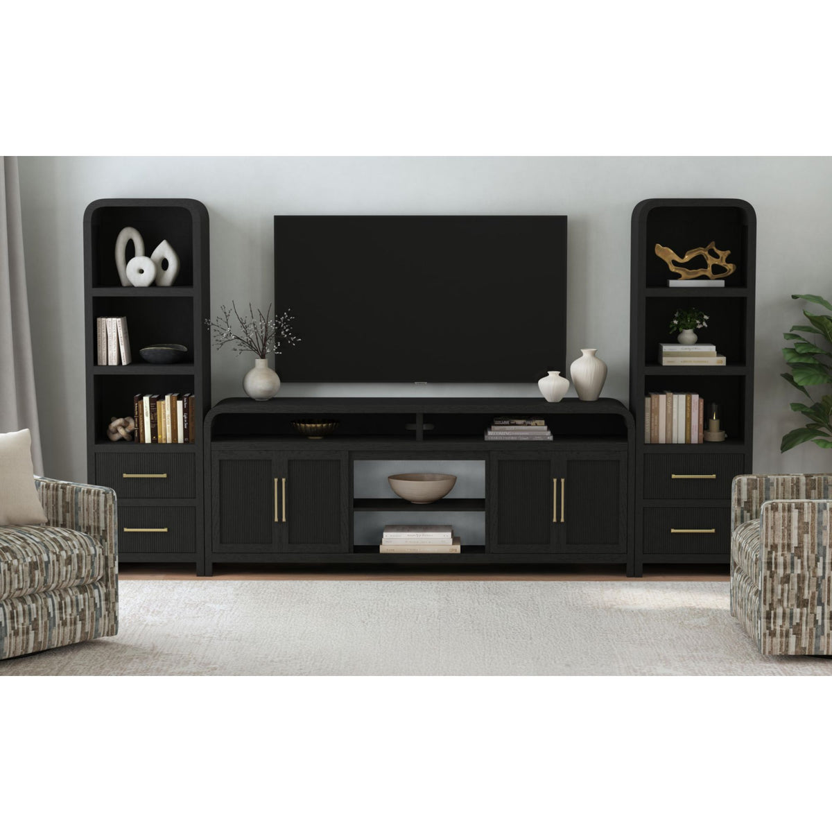 Ridgemont 3PC Entertainment Unit With 82"" TV Console in Black with Grain