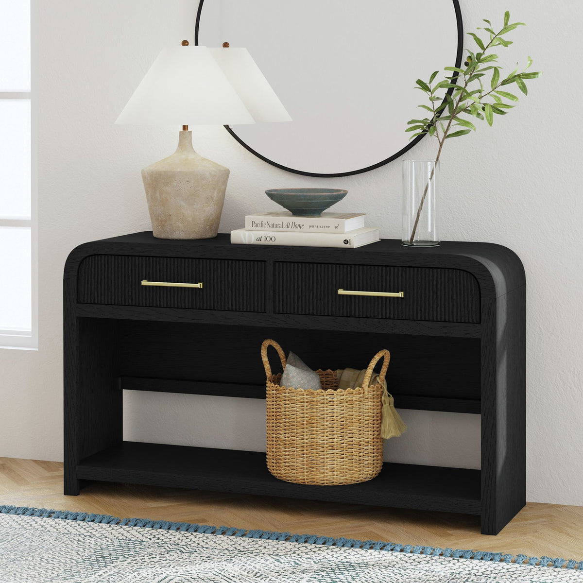 Ridgemont Sofa Table with Bottom Shelf in Black with Grain
