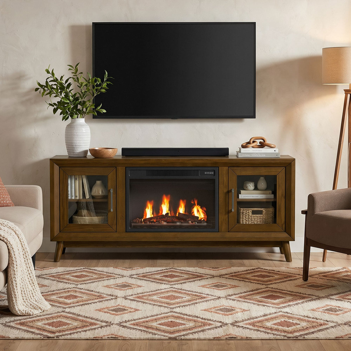 Santa Barbara KIT - 60"" TV Console in Walnut w/23"" Fireplace Insert (Ships in 2 Boxes)
