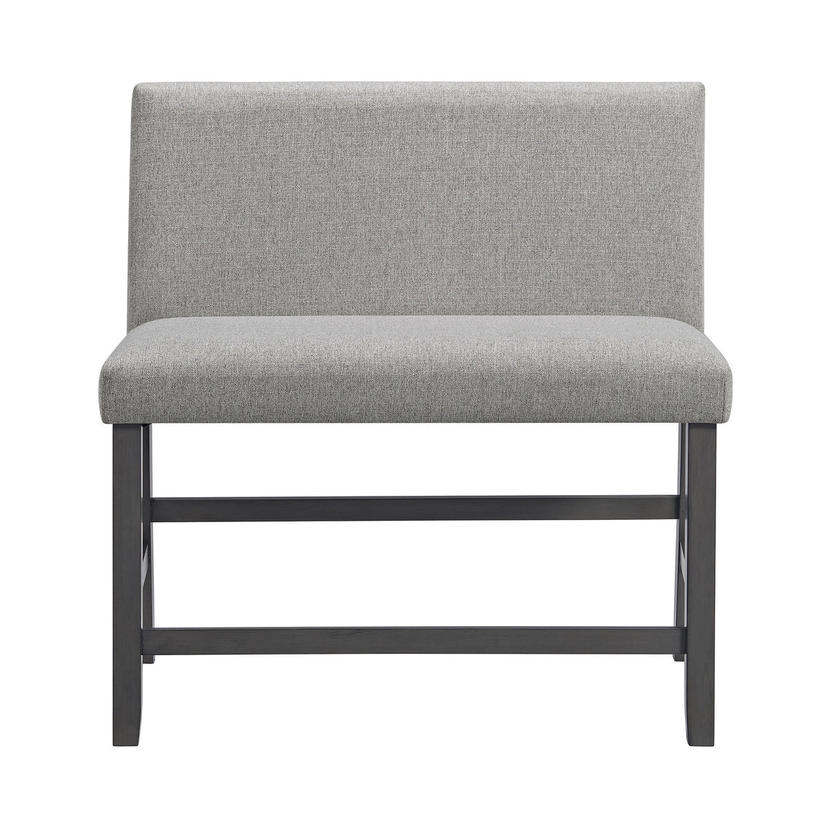 Seneca Counter Bench with Upholstered Back and Grey Fabric in Grey