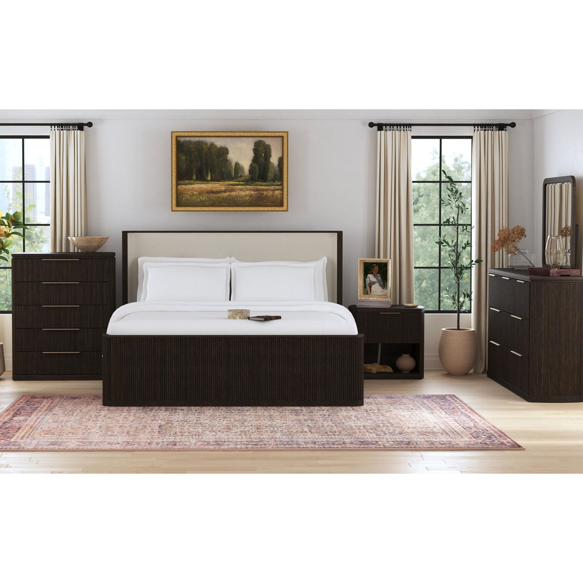 Sylvie Queen UPH 5PC Bedroom Set with White Fabric in Dark Brown