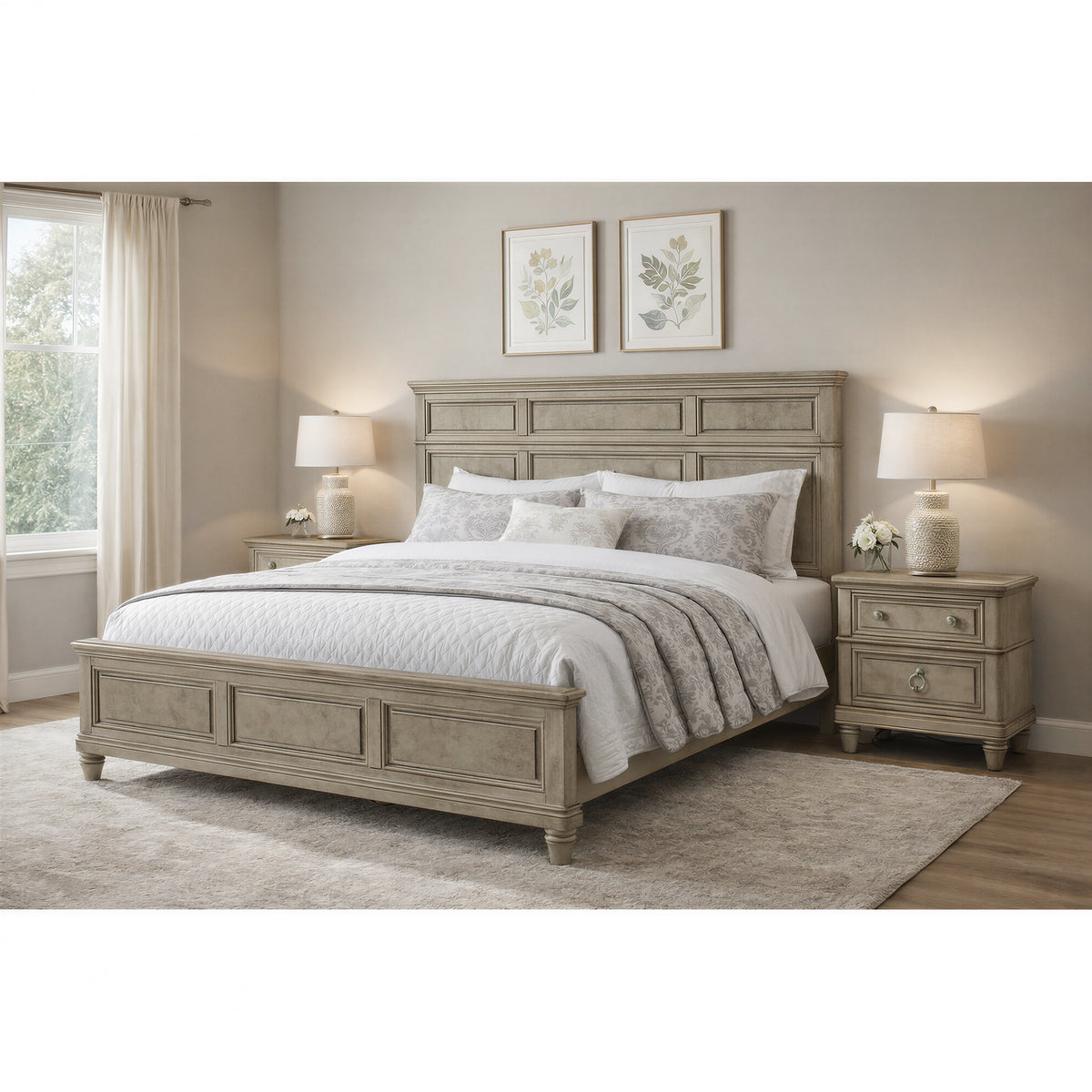 Whit-Ash King 3PC Bedroom Set with 2 Nightstands in Light Grey