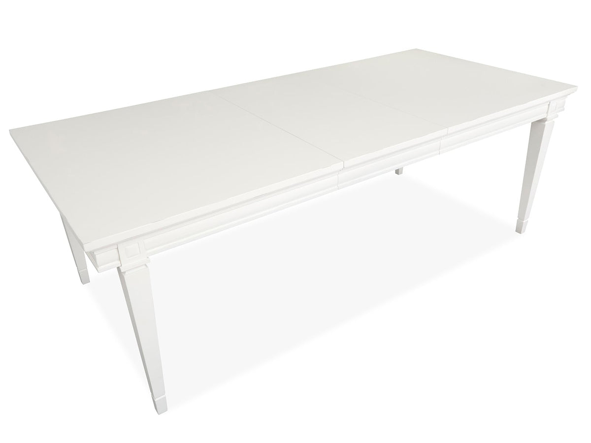 Magnussen Home Willowbrook Egg Shell White Extendable Rectangular Dining Table With 6 Upholstered Side Chairs Upholstered Bench Buffet And Display Cabinet