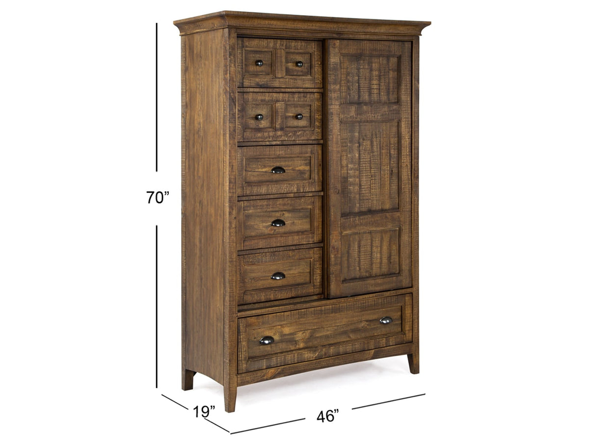 Magnussen Home Bay Creek Toasted Nutmeg King Panel Storage Bed 2 Small Nightstands Drawer Dresser With Landscape Mirror And Door Chest