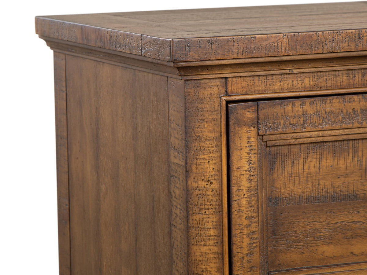 Magnussen Home Bay Creek Toasted Nutmeg King Panel Storage Bed 2 Small Nightstands Drawer Dresser With Landscape Mirror And Door Chest